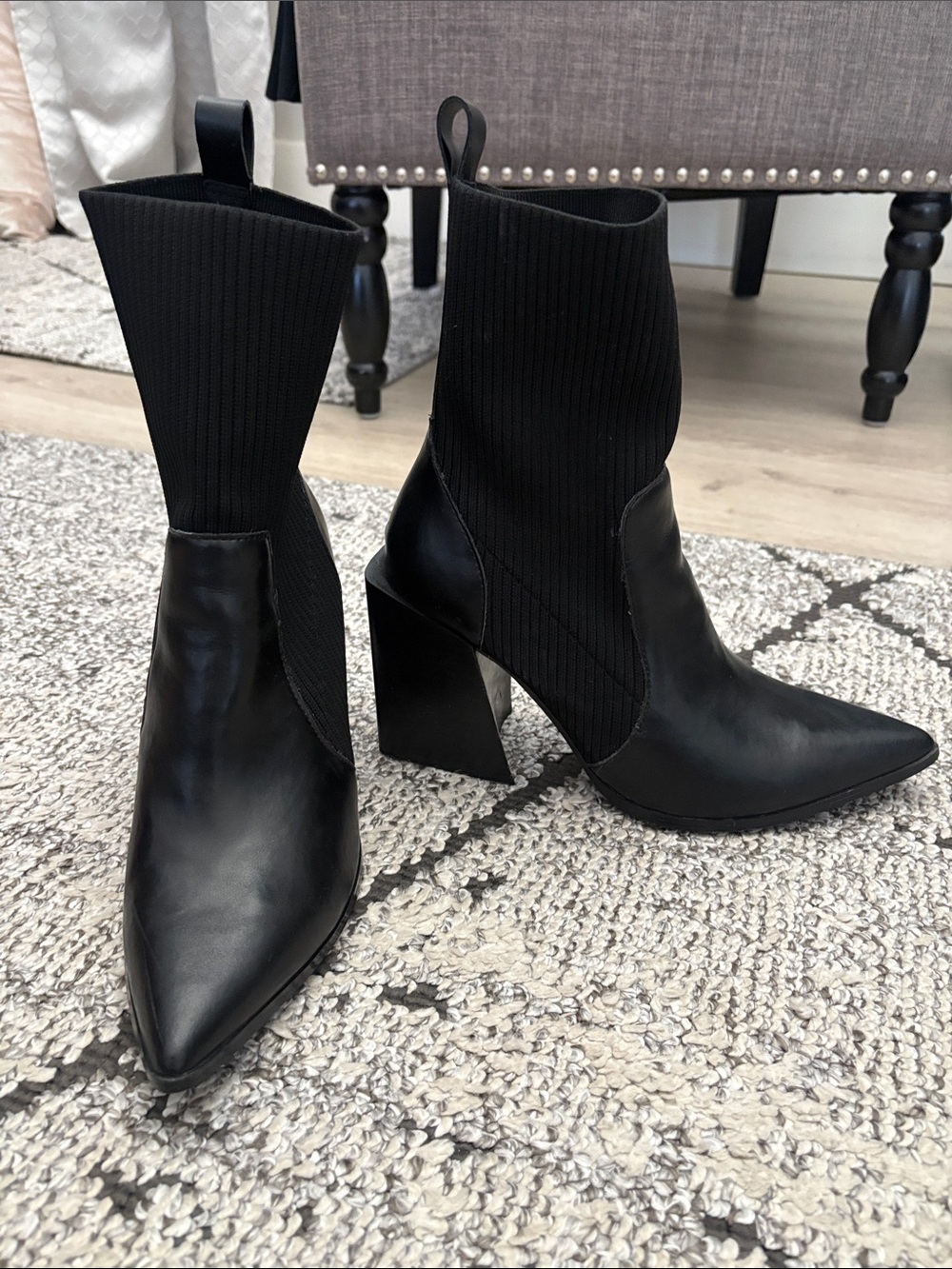 Steve Madden Black Pointed Toe Block Heel Sock Boot